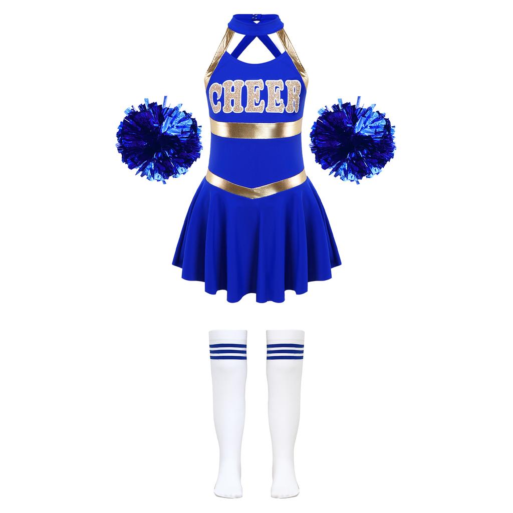 Girls Cheer Costume Sleeveless Crisscross Back Letter Print Patchwork Dress Pom Poms Striped Socks Set