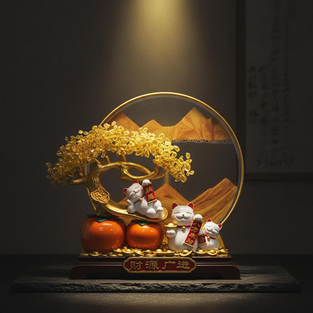 Prosperous Fortunate Cat Decor with Gold Frame Traditional
