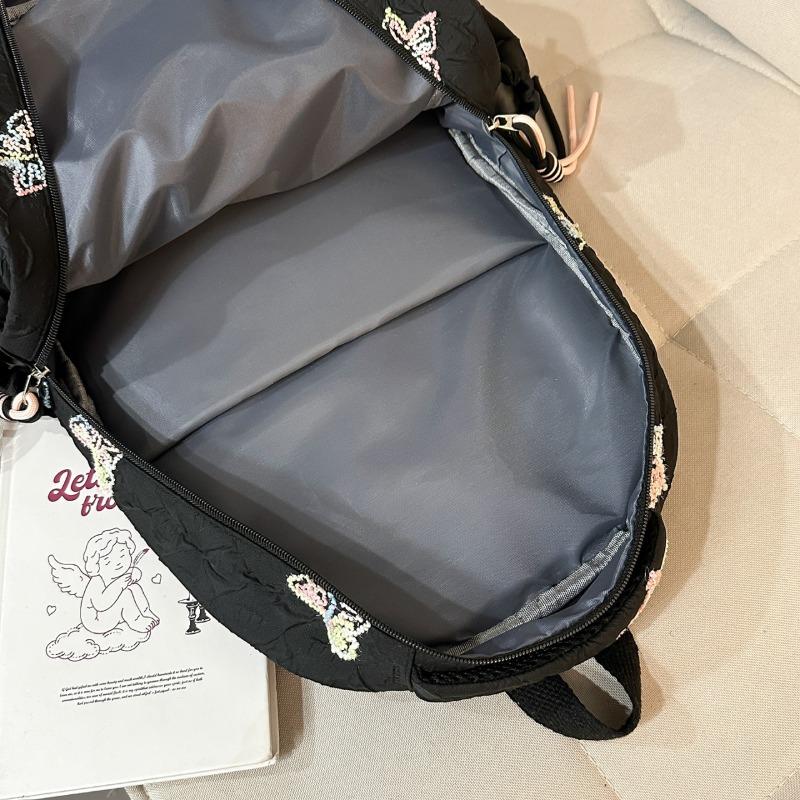 Butterfly Embroidery Backpack Casual Daily Bag Large Capacity School Bag for Students Commuters Minimalist Fashion Design with Tassel Details