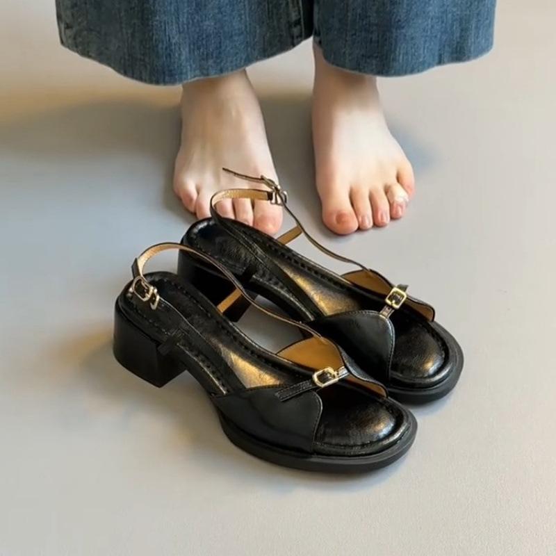 Sheepskin version~ Wear one-pedal sandals for women's one-button leather soft-soled versatile thick-heeled open-toed shoes