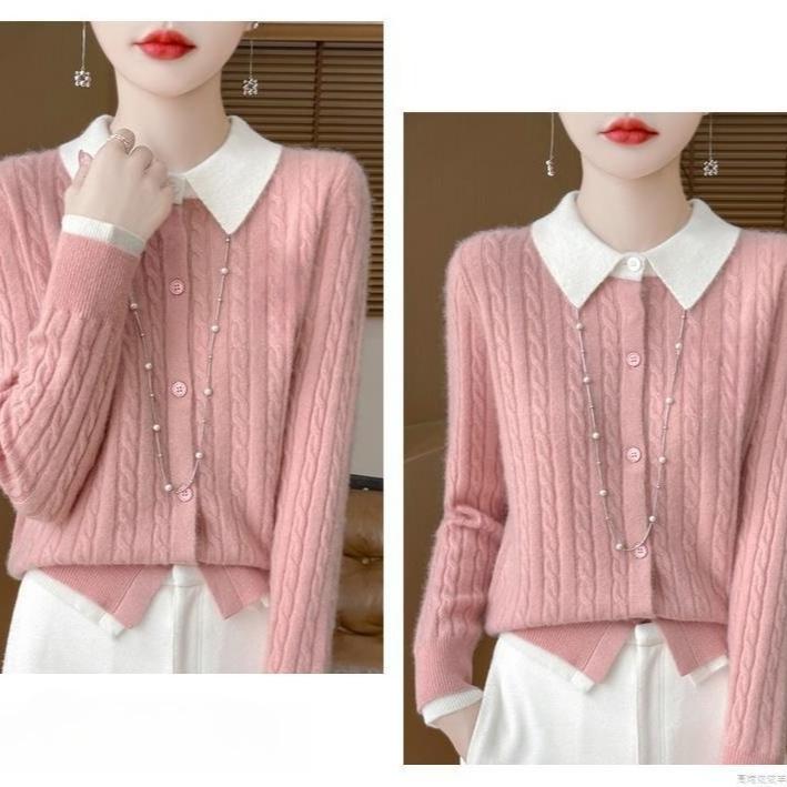 Spring and Autumn Women's Color-Block Cardigan Sweater Collared Loose Soft Knit Cardigan Top