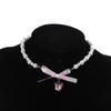 Sweet Pink Heart Necklace with Imitation Pearl Elegant Heart Cross Choker Clavicle Chain for Women Teen Fashion Jewelry