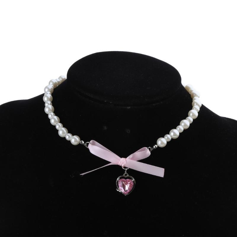 Sweet Pink Heart Necklace with Imitation Pearl Elegant Heart Cross Choker Clavicle Chain for Women Teen Fashion Jewelry