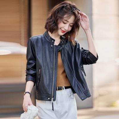 Jaqueta de couro Feminina primavera e outono pequena moda casual gola alta estilo locomotive jaqueta curta de couro