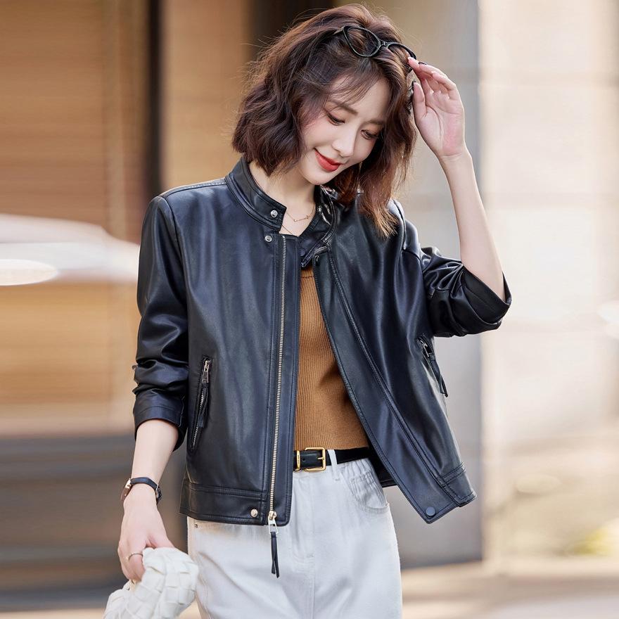 Leather Jacket Women's Spring and Autumn Small Fashion Casual Stand-up Collar Locomotive Style Short Leather Jacket