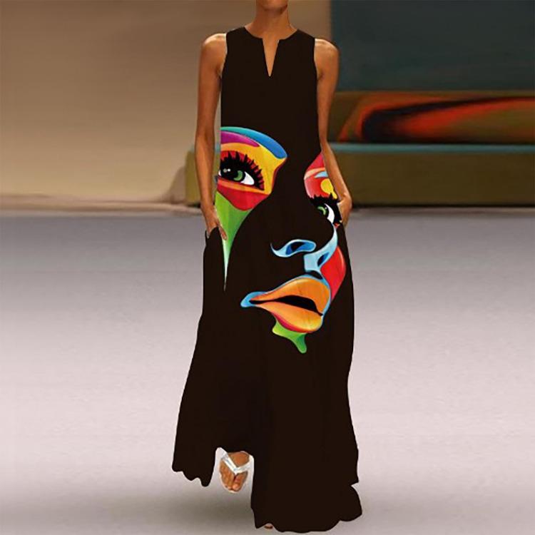 Spring Summer Women Sleeveless Long Dress Fashion Classic V Neck Color Printing New S