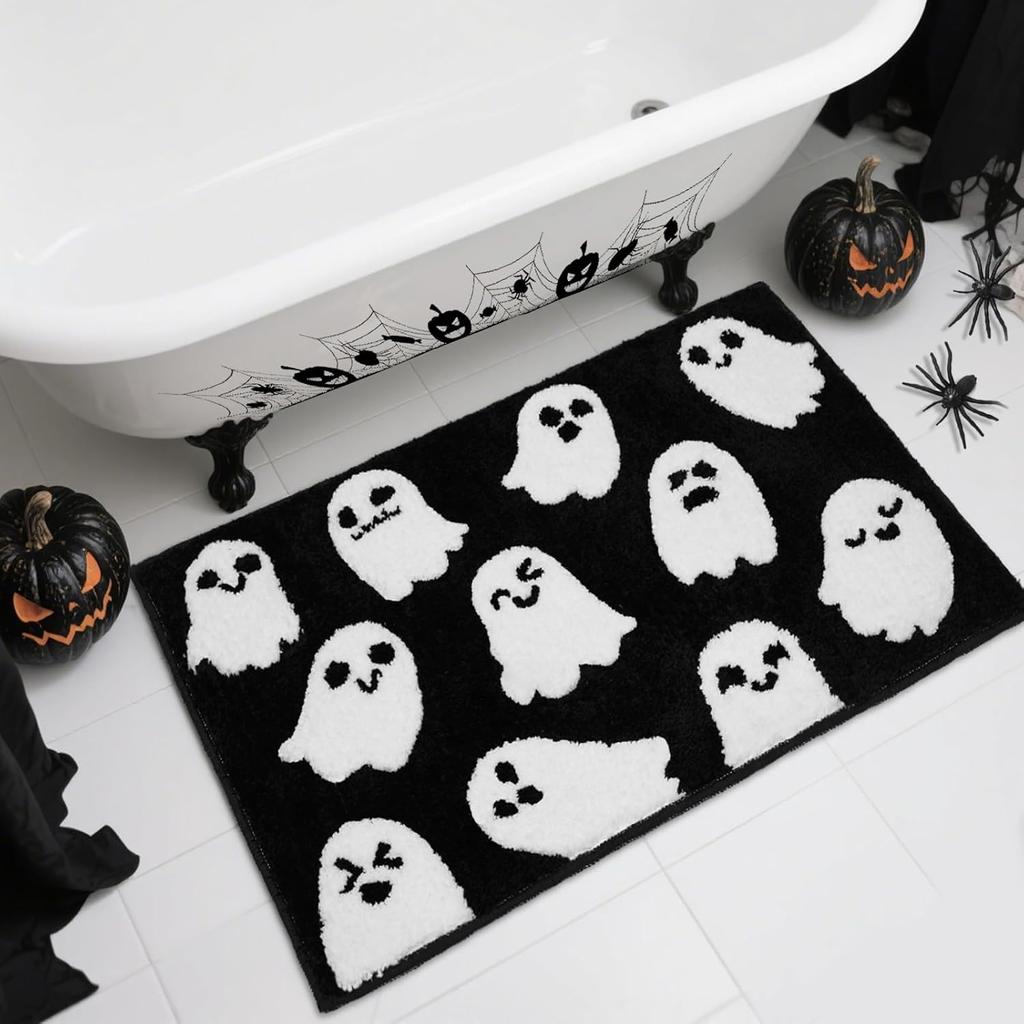 Halloween Bathroom Rug Spooky Black White Ghost Bath Mat for Halloween Bathroom Decor Non-Slip Washable Ghost Bath Rug for Front Doormat, Bedroom Rug