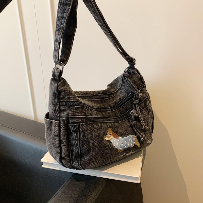 Denim Vintage Shoulder Bag Women Embroidered Cat Crossbody Bag