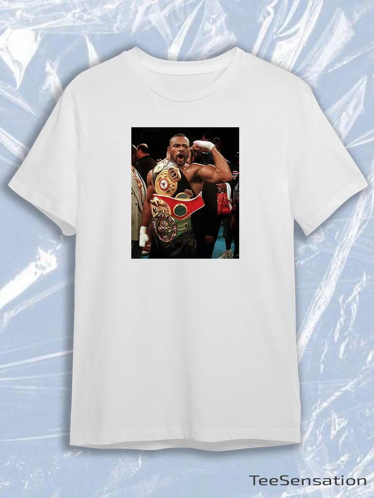 TeeSensation White Crew Neck Short Sleeve T-Shirt with Roy Jones Jr Boxing Champion Belts Photo