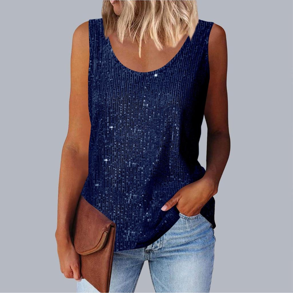 Women's Top, Commuting Sequins, Loose Fitting, Round Neck Vest, Comfortable and Casual