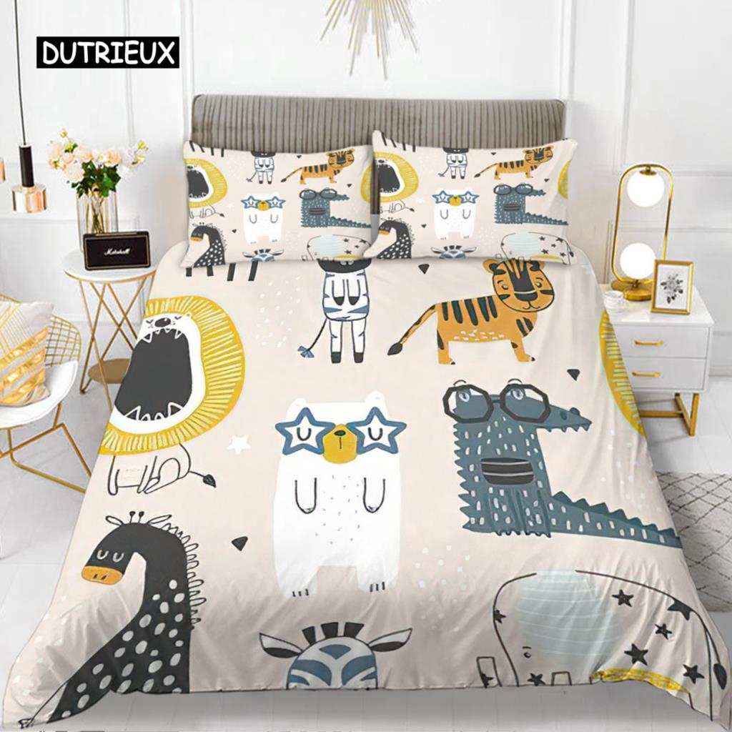 Cartoon Dinosaur Duvet Cover Set King Microfiber Cute Cartoon Dino Comforter Cover Set Jungle Animals Bedding Set for Baby Girls