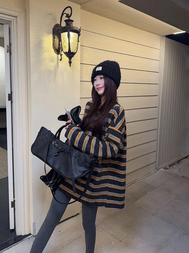 Lazy Style Color Block Striped Round Neck Long Sleeve Sweater for Women - Autumn/Winter Loose Fit, Slimming, Versatile