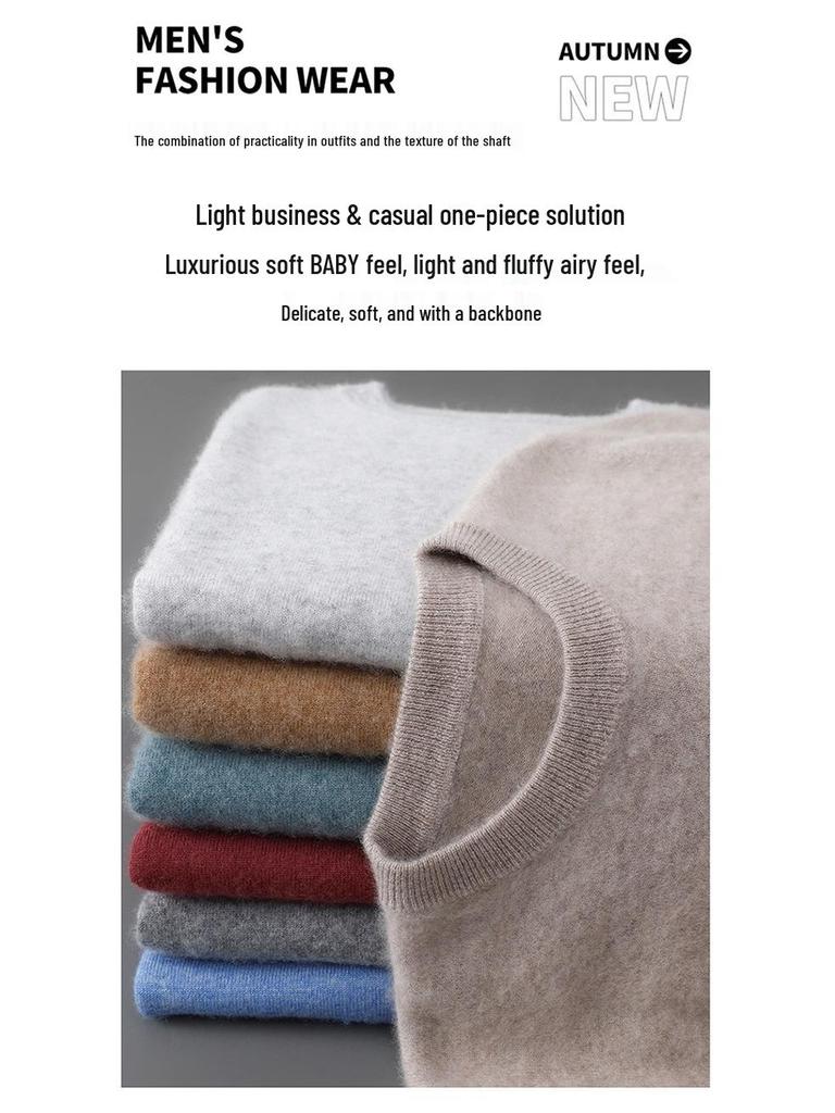 Men's Plus Size 100% Pure Wool Round Neck Cashmere Sweater - Autumn/Winter Casual Knit Pullover
