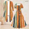 Women Plus Size Two Piece Set Printed Square Neck Short Sleeve Belted Flared Dress And 3 4 Sleeve Open Cardigan