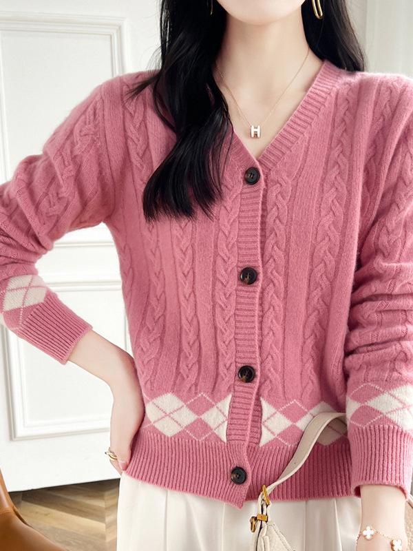 Women's V-Neck Oversized Cable Knit Color Block Cardigan - Casual Long Sleeve Wool Sweater