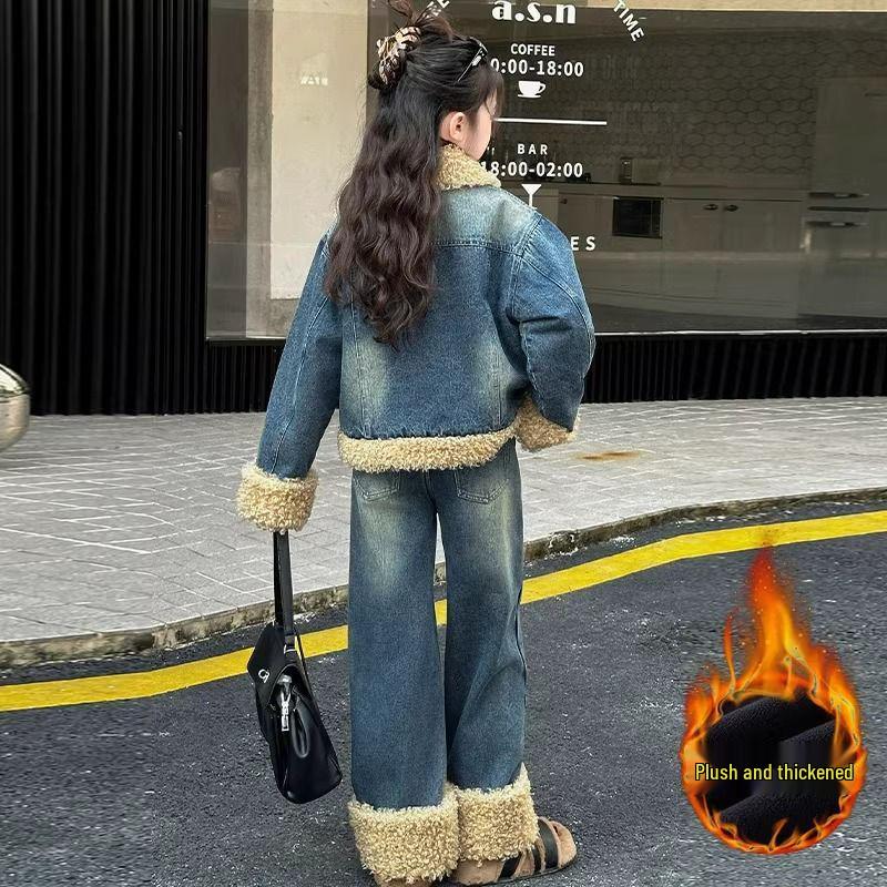 Girls' High-Quality Quilted Denim and Lamb Wool Winter Set - Fleece-Lined Jacket and Coat