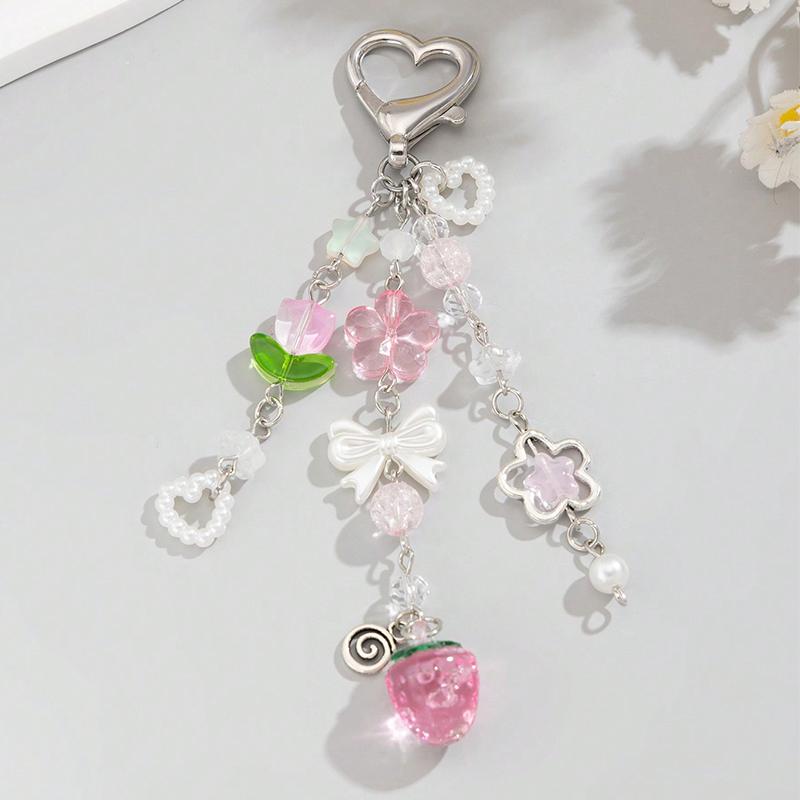 Imitation Pearl Bow Heart Pendant Bag Pendant Pink Strawberry Hollow Flower Tulip Beaded Keychain Accessories