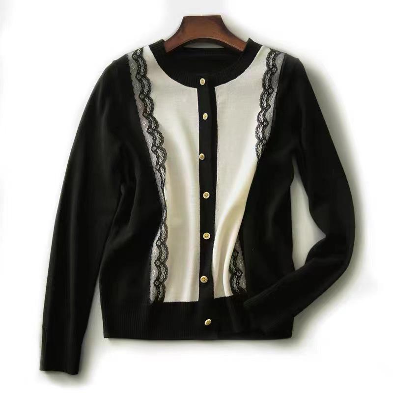 Women's Color Block Cashmere Knit Cardigan - Autumn/Winter Round Neck Lace Sweater Coat