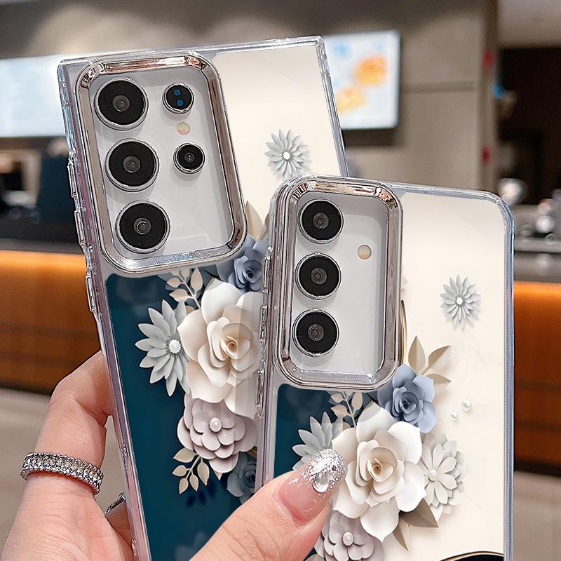 Romantic Rose Flower Pattern Case For Samsung S26 S25 Ultra S24 FE S23 Plus S22 S21 A15 A16 A17 A35 A36 A37 A54 A55 A56 A57 5G Plating Lens Soft Cover