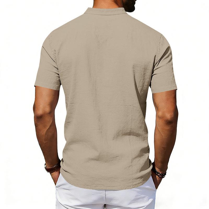 Herren Leinenmischung Hemd mit Mandarin-Kragen Kurzarm, Stehkragen Button-Down mit Brusttasche, Atmungsaktives Lässiges Sommer Oberteil mit Entspannter Passform für den Alltag