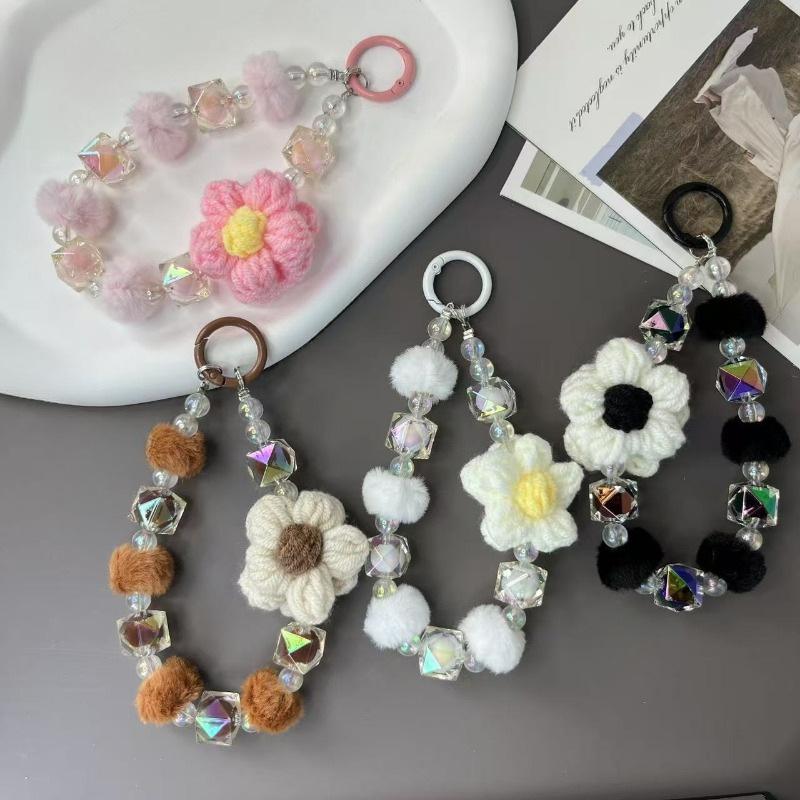 Autumn/Winter Plush Handmade Beaded Phone Lanyard & Keychain with Flower Pendant