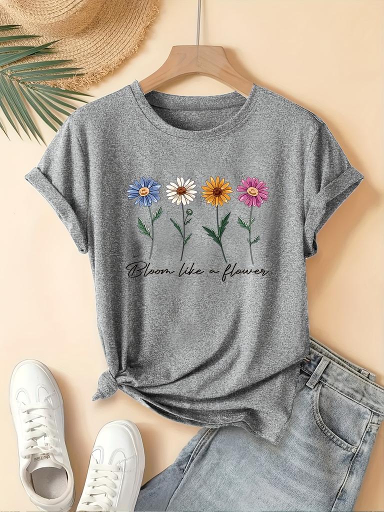 Women's Casual Short Sleeve T-Shirt - Retro Floral Print , Soft Stretch Round Neck Top, Cute T Shirts, Playful Graphic Tee