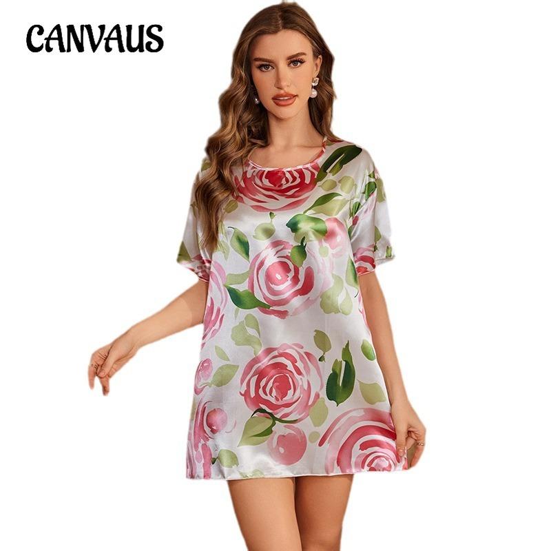 Übergröße Damen Sommer Locker Bequem Kurzarm Graffiti Rose Hemd Kleid Home Wear Pyjamas