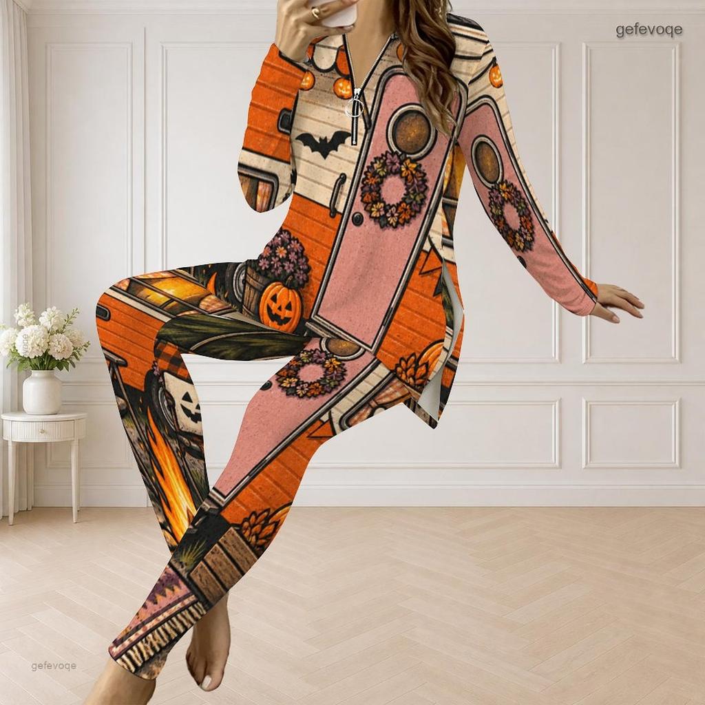 Women Plus Size Halloween Printed Two Piece Pants Set Half Zip Long Sleeve Top And Long Pants