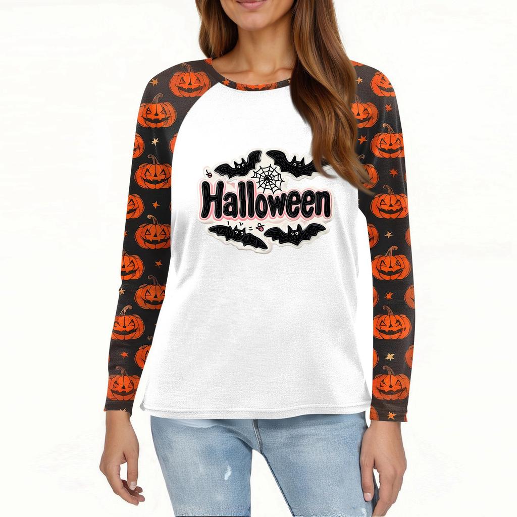 Women's T Shirt Halloween Print Long Sleeve Daily Fashion Basic Round Neck Raglan Sleeve Top