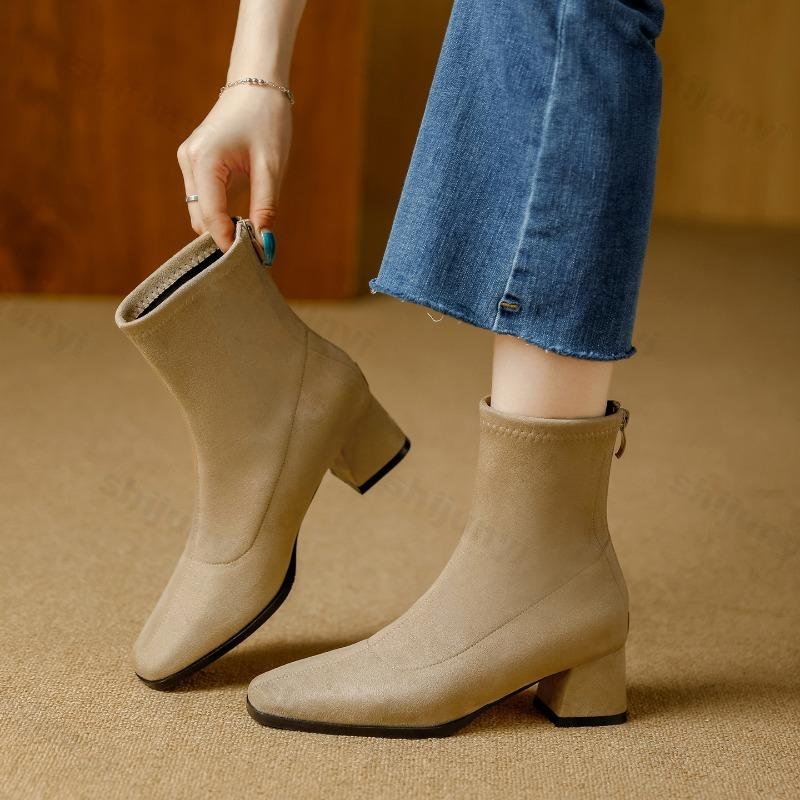 High Quality Faux Suede Ankle Boots Women Fashion Square Toe Sewing Back Zipper Designer Boots Comfortable Wedges Fashion Boots