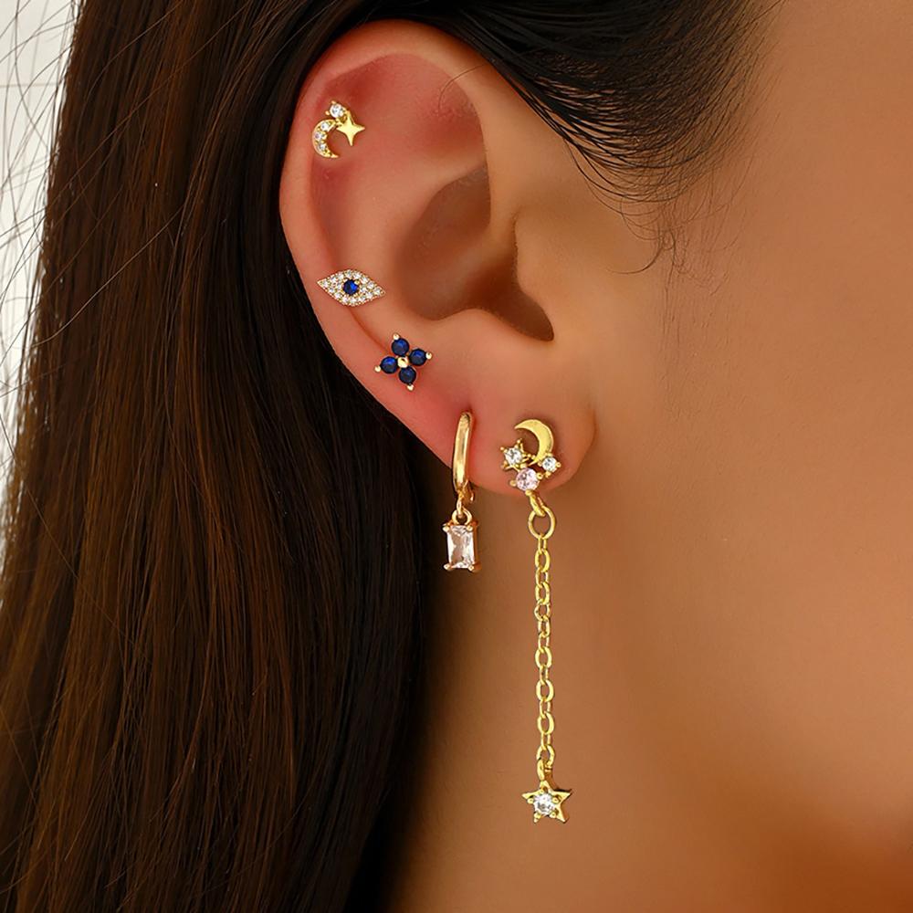 5PCS Stainless Steel Star Moon Minimal Hoop Earrings Set Small Helix Tragus Cartilage Huggie Piercing Earring Women's Jewelry
