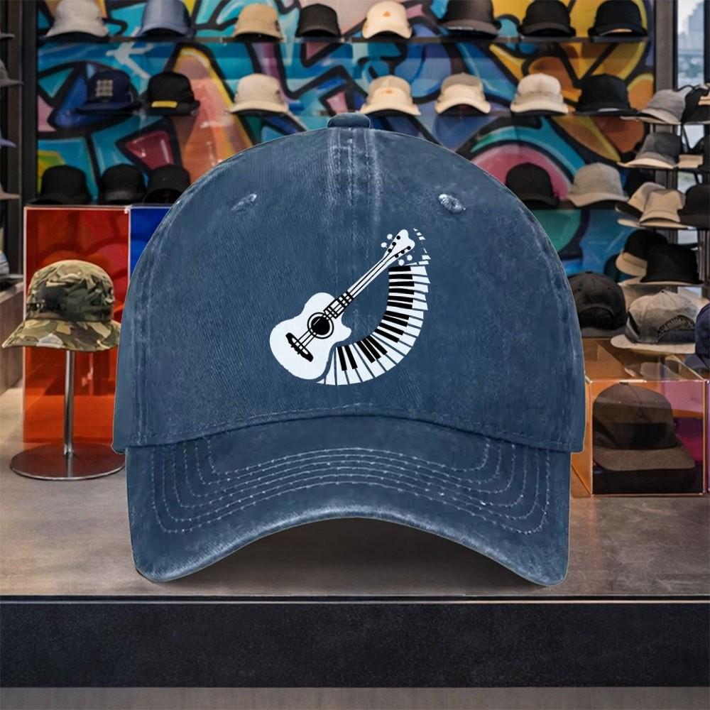Guitar Piano Blend Musician Baseball Cap Washed Denim Adjustable Vintage Cap for Unisex Outdoor Casual