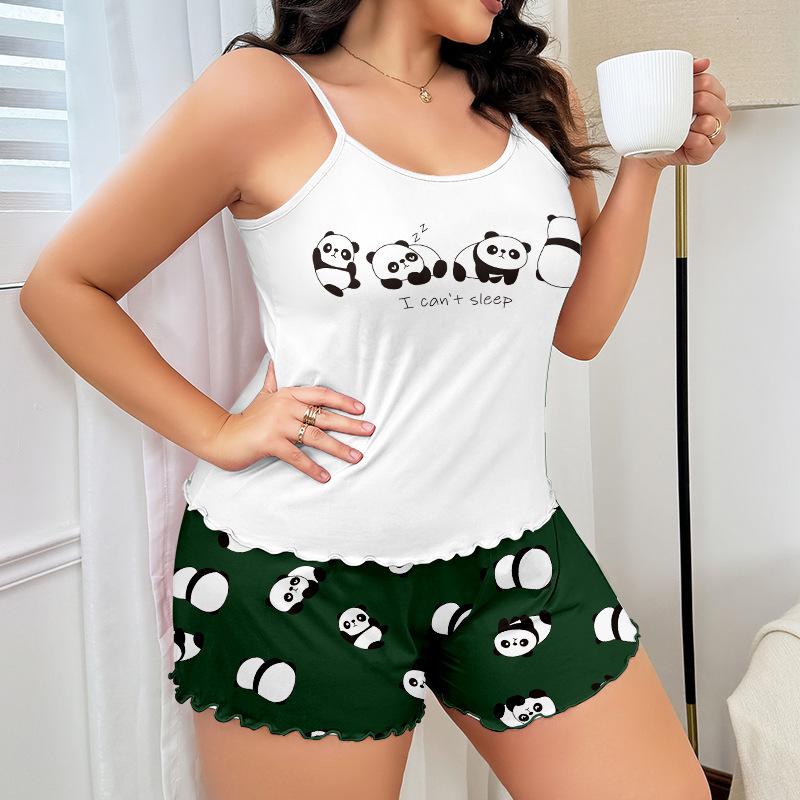 summer plus size 3XL 4XL 5XL sling tops and shorts pajamas Set Casual loose white cartoon print Pyjamas for Women Sleepwear Set homewear