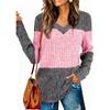 Women's V-neck Long-sleeved Patchwork Fitted Top T-shirt