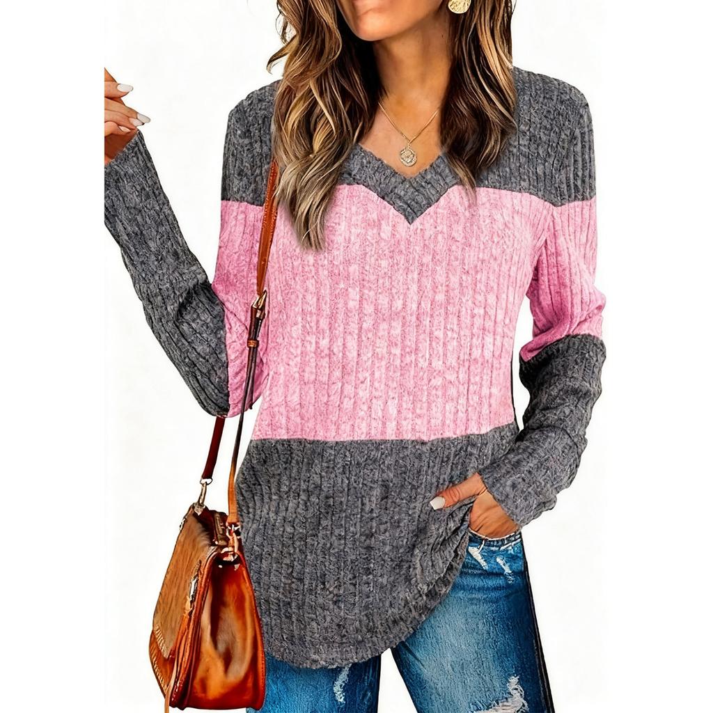 Women's V-neck Long-sleeved Patchwork Fitted Top T-shirt