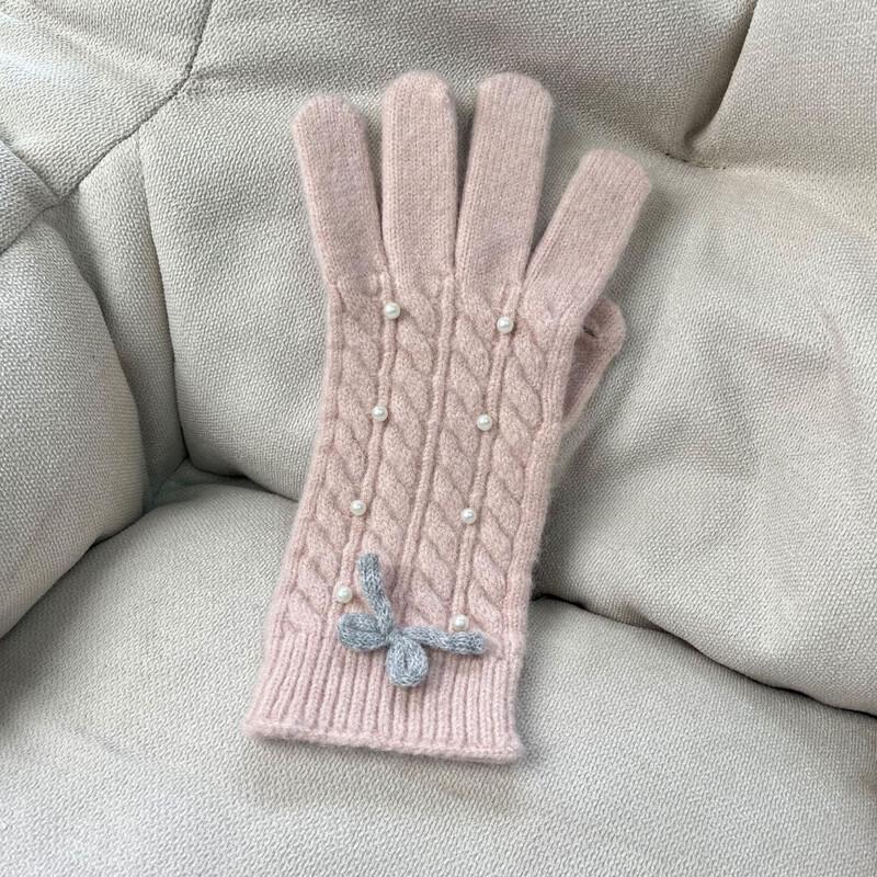 

Женские Милые Вязаные Шерстяные Перчатки с Жемчугом и Бантом