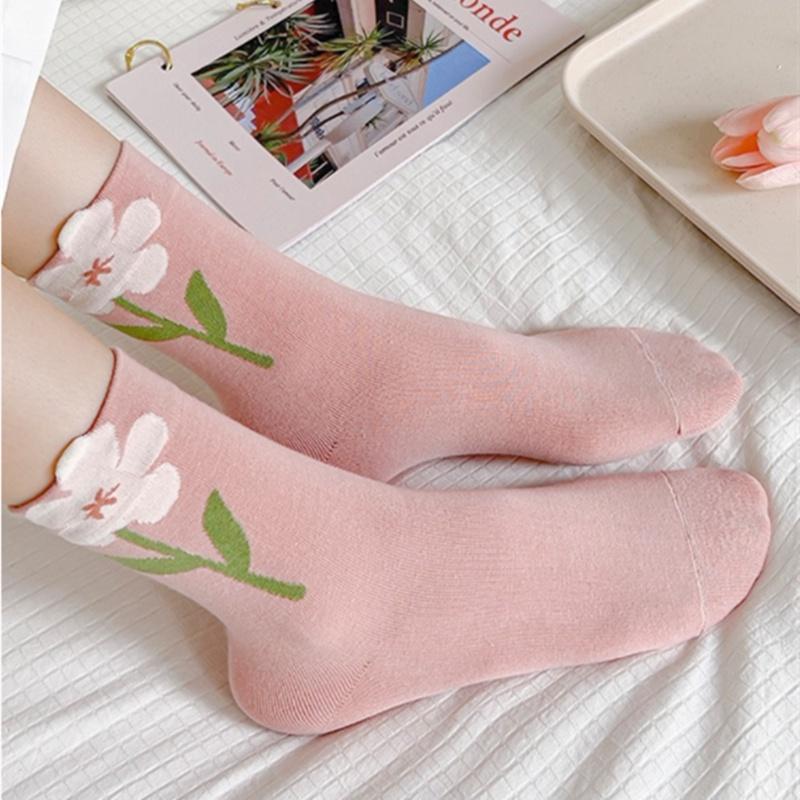 Medias de tubo con tulipanes y flores para mujer, de algodón puro, suaves y cómodas, para otoño e invierno.