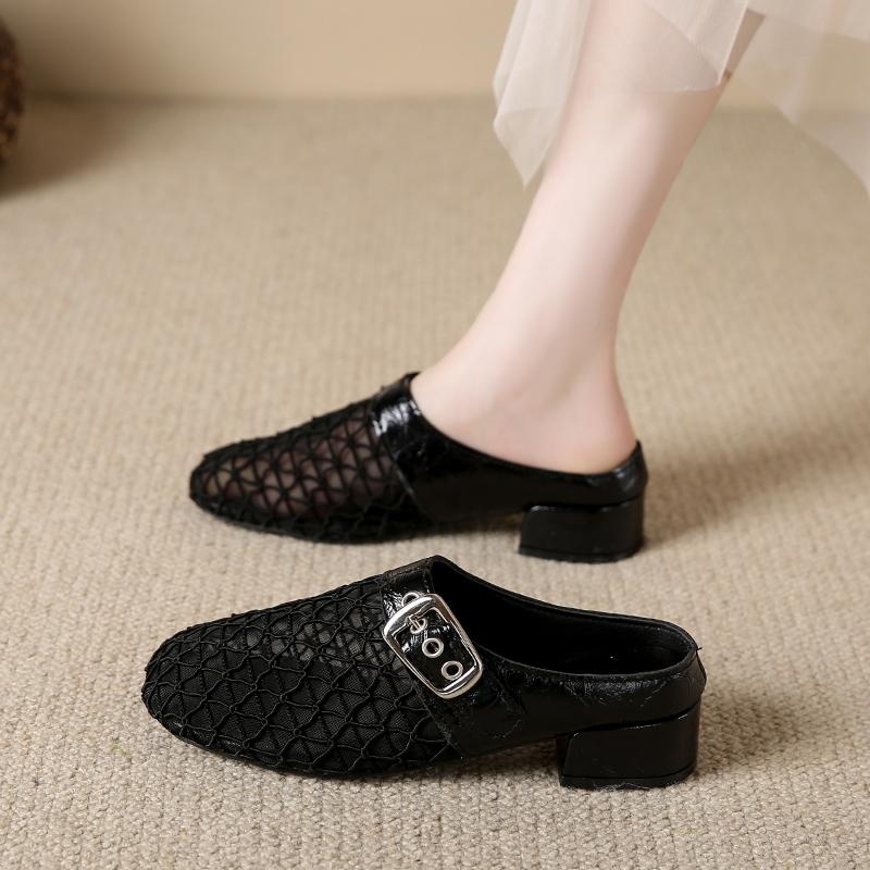 Fashion Fashion Baotou Slippers Summer New Round Head Mesh Cloth Metal Buckle Anti-slip Wear-resistant Heel Shoes
