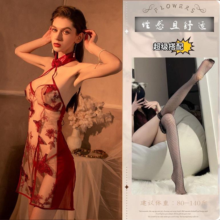 Sex lingerie butterfly embroidered pajamas sexy retro cheongsam wind uniform temptation plus size women's suit