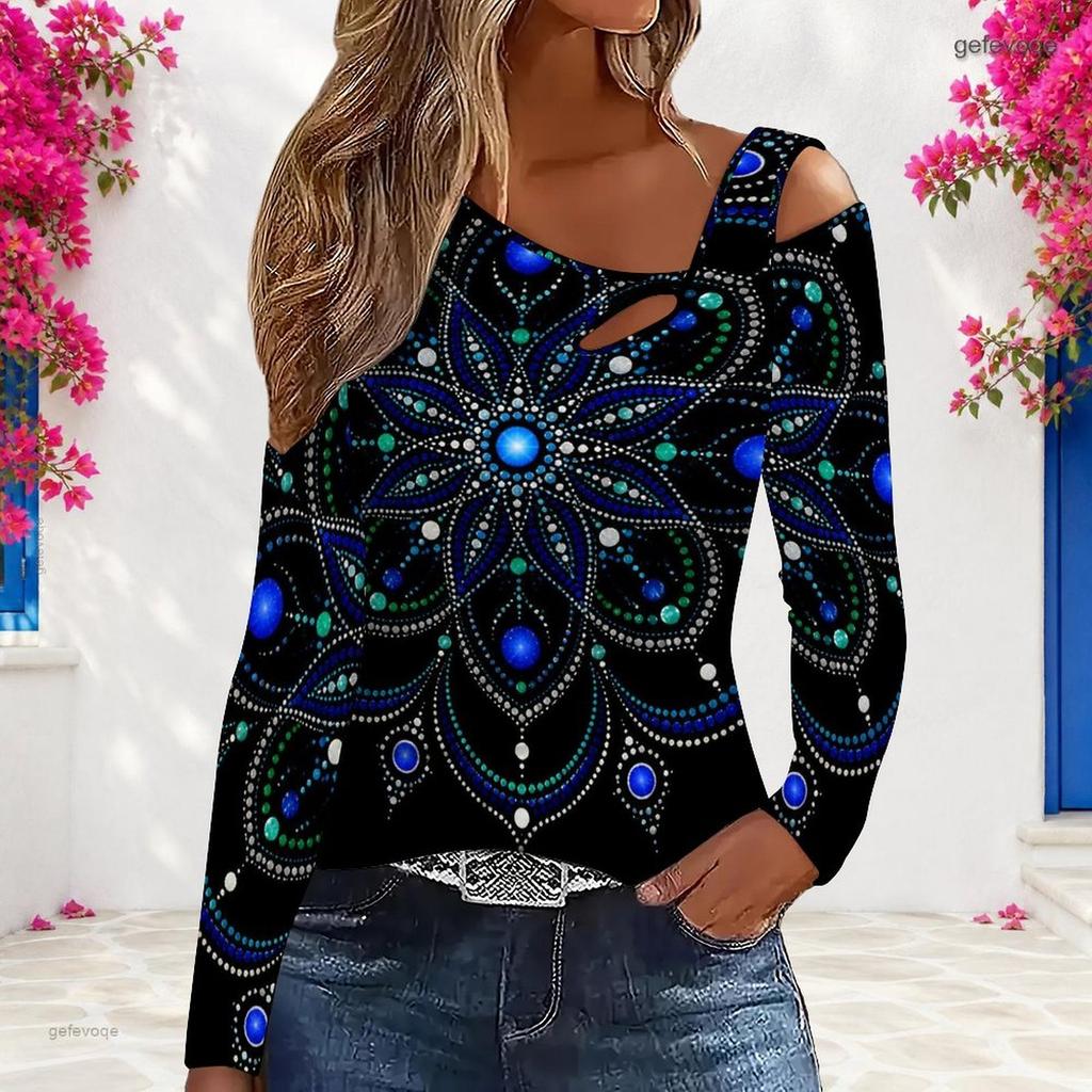Women Plus Size Asymmetric Cutout Neck Cold Shoulder Long Sleeve Fitted Pastel Gradient Printed Top