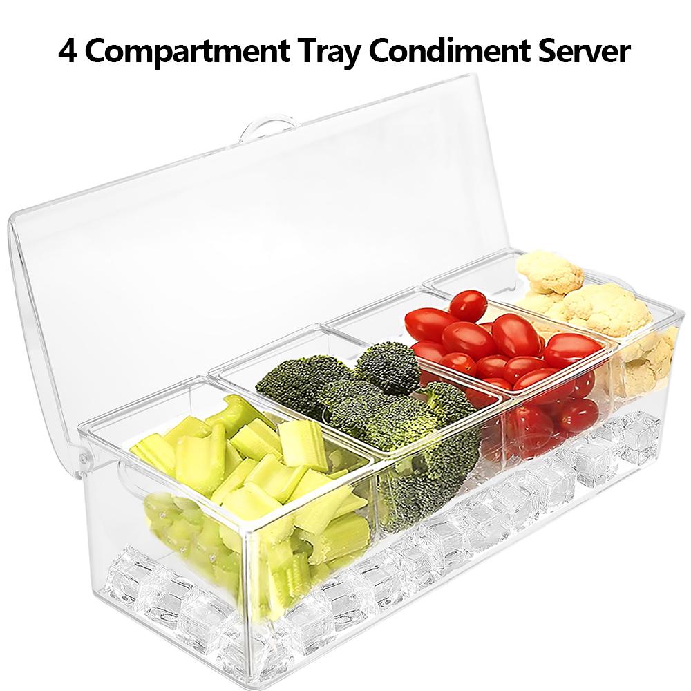 Chilled Condiment Server Reusable Clear Garnish Tray with 5 Removable Compartment Food Grade Safety Chilled Serving Container