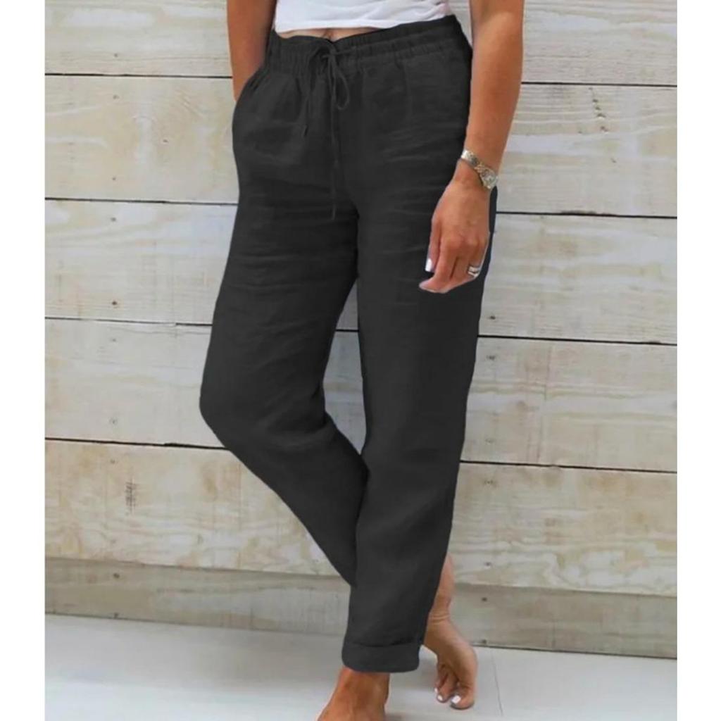 Women's High Waist Elastic Waist Solid Color Cotton Linen Casual Pants