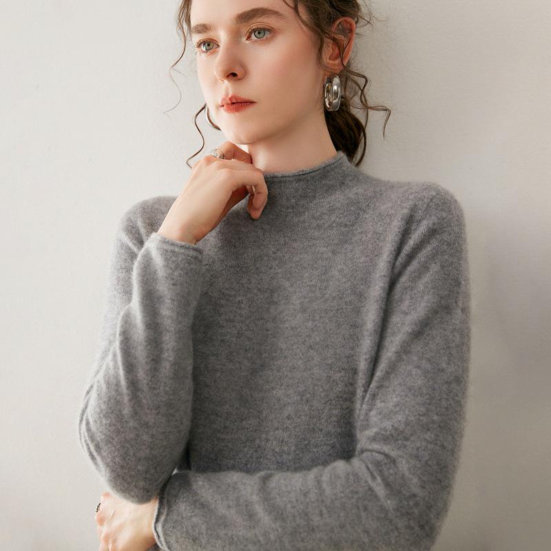 Women's Cashmere Half-High Neck Pullover Sweater - Solid Color, Loose Fit, Autumn/Winter Casual Knit Top