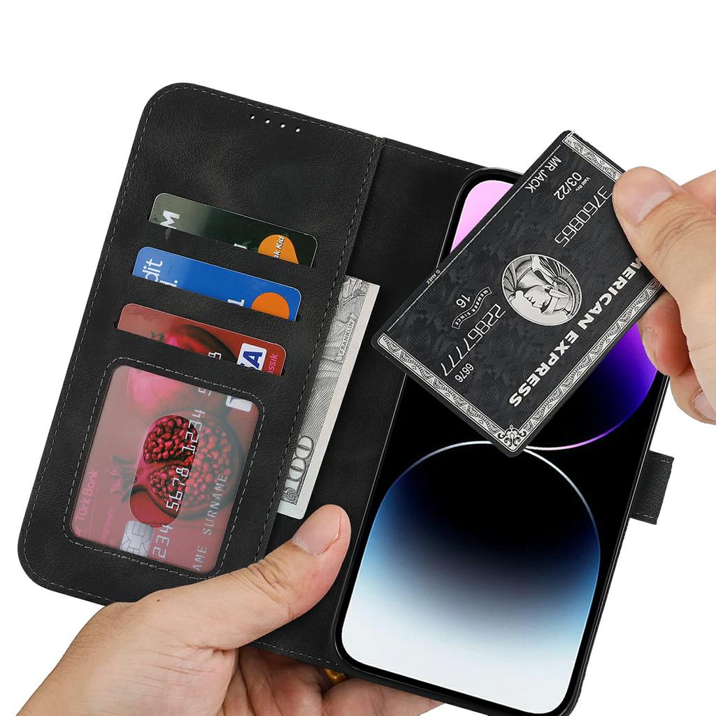 For iPhone 14 Pro Max Wallet Case Double Folded Edge Skin Touch PU Leather Flip Phone Cover