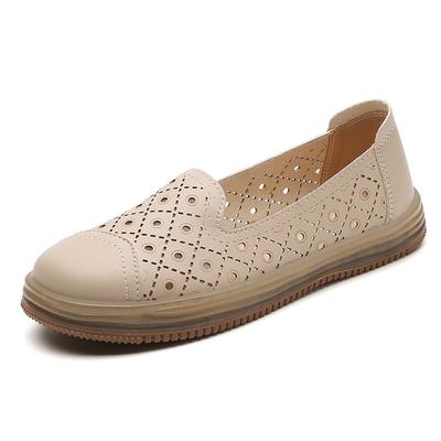 Fashion Spring Summer Leather Mesh Flat Casual Shoes Hollow Breathable Comfortable Fashion Single Shoes for Women Mom Loafers