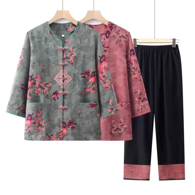 Grandma's Summer Clothing Set: Plus Size Mid-Sleeve Shirt for Middle-Aged and Elderly Women – Casual Spring Outfit for Mom