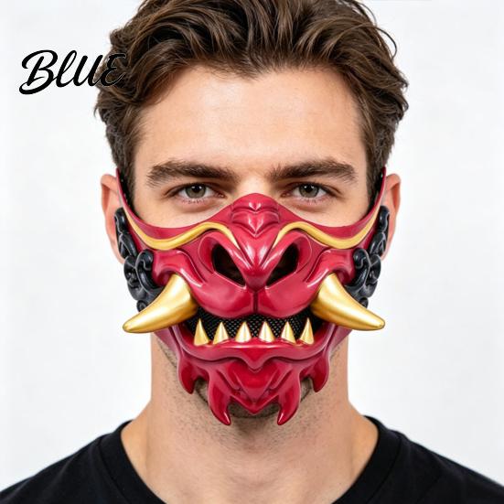 Dekorativní Hannya Polomaska Japonská Červená Maska Zuby Vlka & Ražené Detaily Oblaků Prodyšná Lehká Odolná Cosplay Vybavení Samurajský Démon