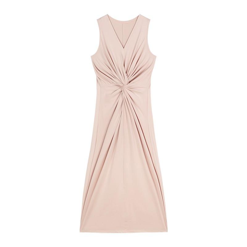 Solid color kinky pleated off-the-shoulder V-neck vest dress women's summer vacation style slim-fitting waist A-shaped long dress