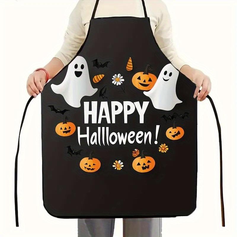 1pc Adult Halloween Apron - Black with Happy Halloween Lettering, Ghosts & Pumpkin Print - Easy-Clean Kitchen Apron for Cooking,