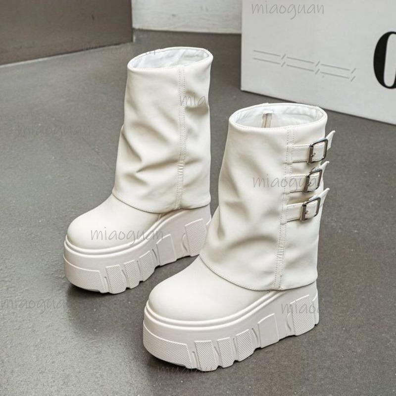 Thick Sole Women's Platform Shoes Buckle Straps Street Style White Black High Heel Mid-Calf Boots Slip On Size 35-40 Botas Mujer